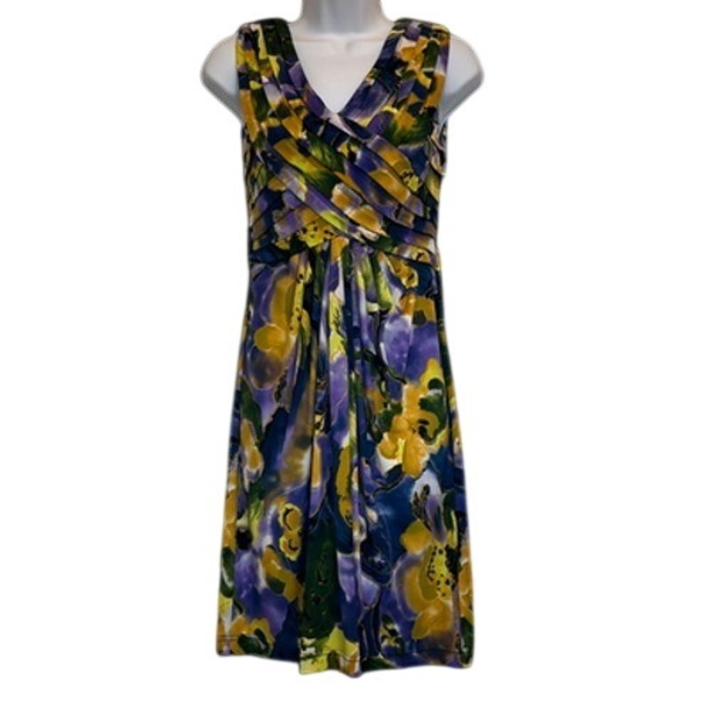 Adrianna Papell Yellow Purple Floral Print Pleated Cocktail Dress Wedding Formal